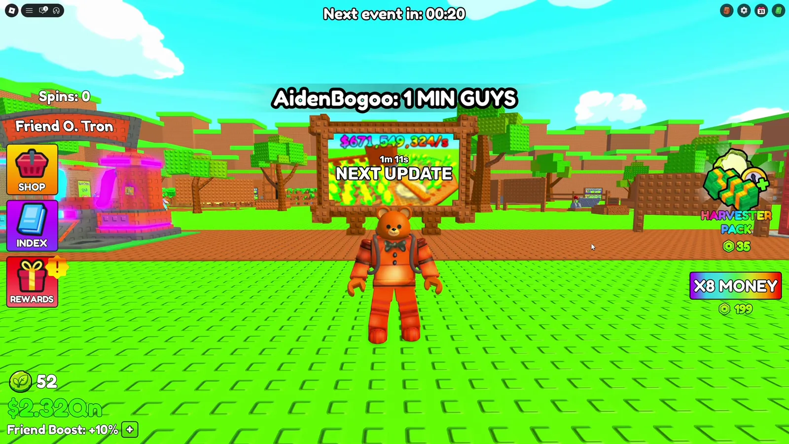 Build A Ring Farm pre-event lobby showing Next event in 00:20 before an update window Build A Ring Farm pre-event lobby showing Next event in 00:20 before an update window