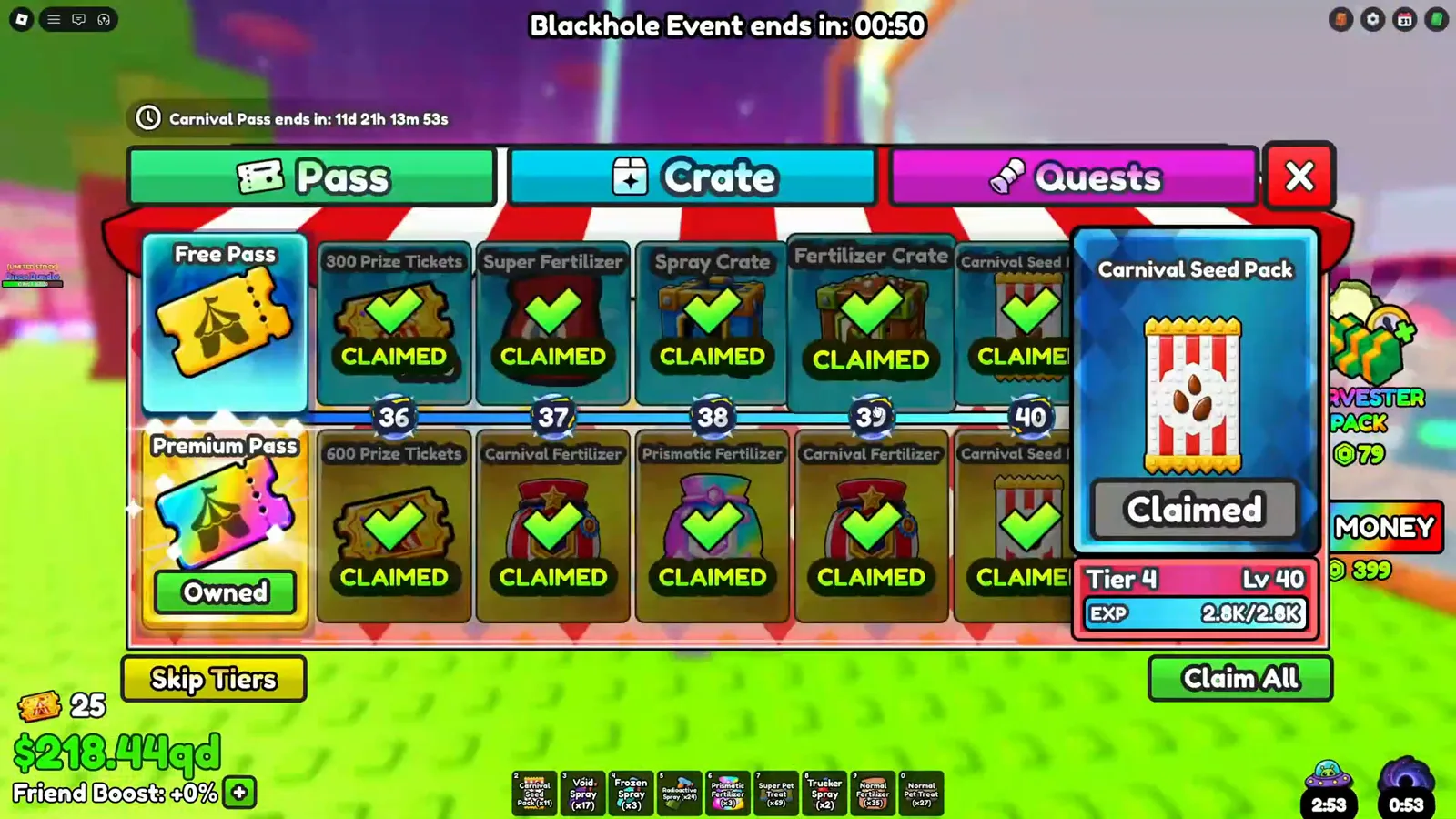 Build A Ring Farm Carnival Pass panel where reward cells numbered 36 through 40 sit claimed on both tracks, paying 300 Prize Tickets on the Free Pass row and 600 on the Premium Pass row beside a Tier 4 Lv 40 experience bar.