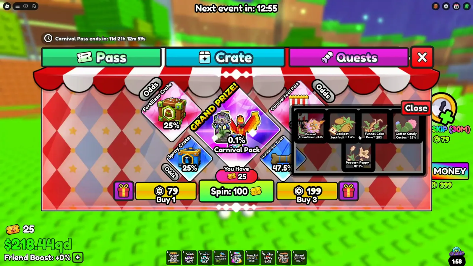 Carnival Seed Pack odds overlay opened inside the Build A Ring Farm crate screen, listing Carousel Crownflower 0.1%, Jackpot Jackfruit 2.4%, Funnel Cake Fern 25%, Cotton Candy Cactus 25% and Popcorn Poppy 47.5%.