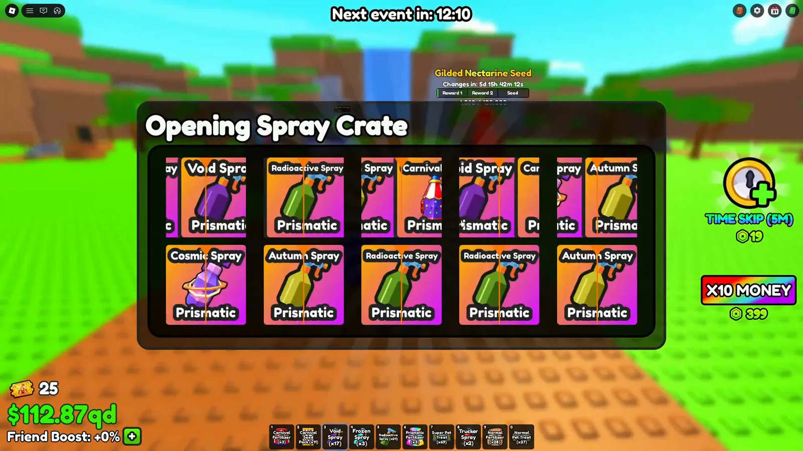 The Opening Spray Crate result panel in Build A Ring Farm sliding past spray cards for Carnival Spray, Void Spray, Cosmic Spray, Autumn Spray and Radioactive Spray, each one carrying a Prismatic banner.