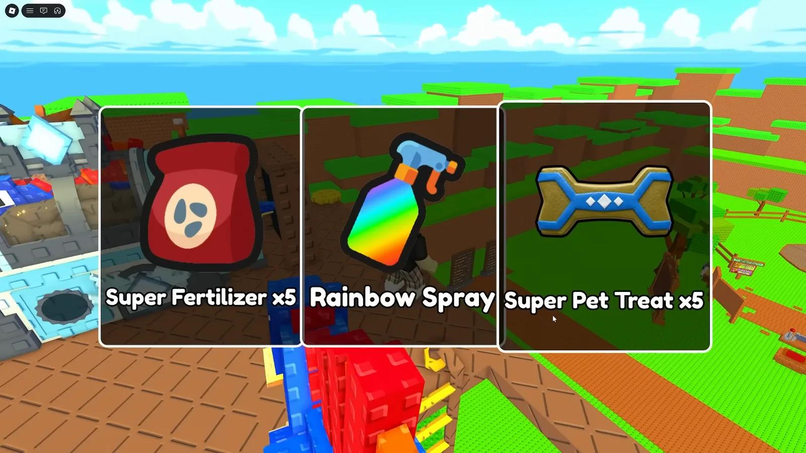 Composter reward cards in Build A Ring Farm granting Super Fertilizer x5, a Rainbow Spray, and Super Pet Treat x5