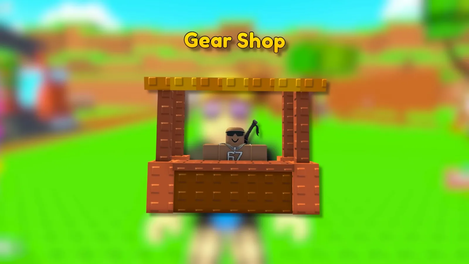The Gear Shop stall in Build A Ring Farm with its yellow in-world sign above the shopkeeper