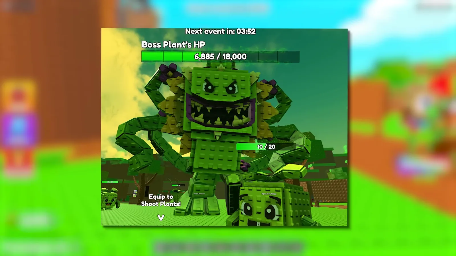 Build A Ring Farm Plant Rush boss bar reading 6,885 of 18,000 HP above the Equip to Shoot Plants prompt