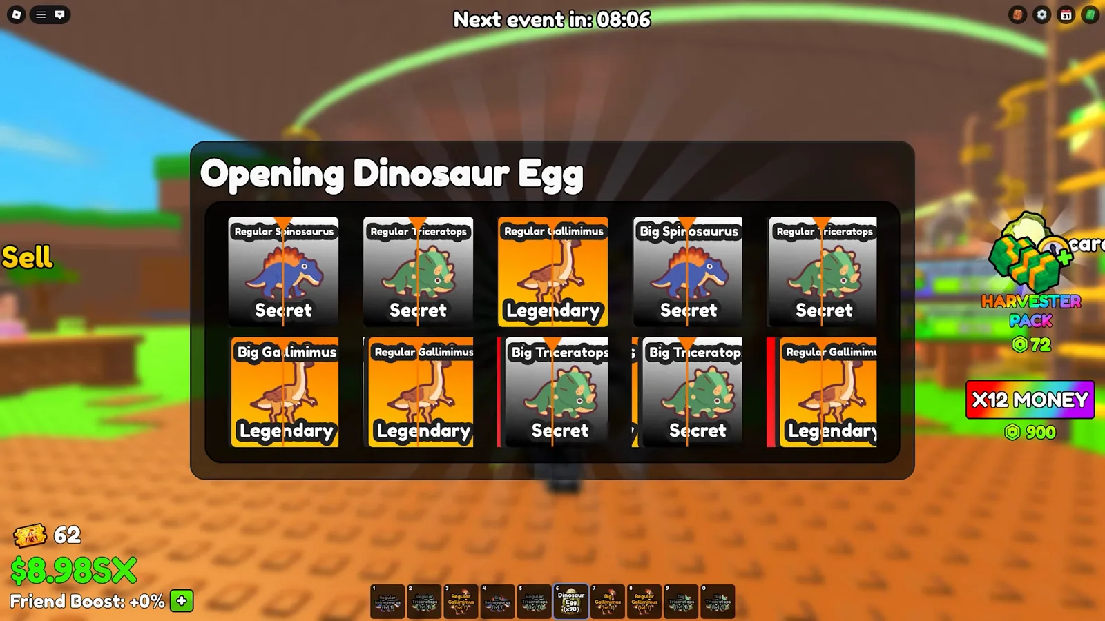 Opening Dinosaur Egg results in Build A Ring Farm showing Gallimimus cards tagged Legendary beside Triceratops and Spinosaurus cards tagged Secret