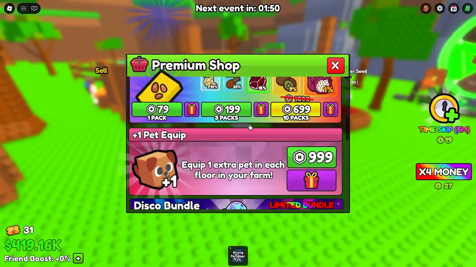 Build A Ring Farm Premium Shop banner selling the EXCLUSIVE Dinosaur Egg at 199, 499, and 1,499 Robux with pet odds from 52 down to 0.5 percent