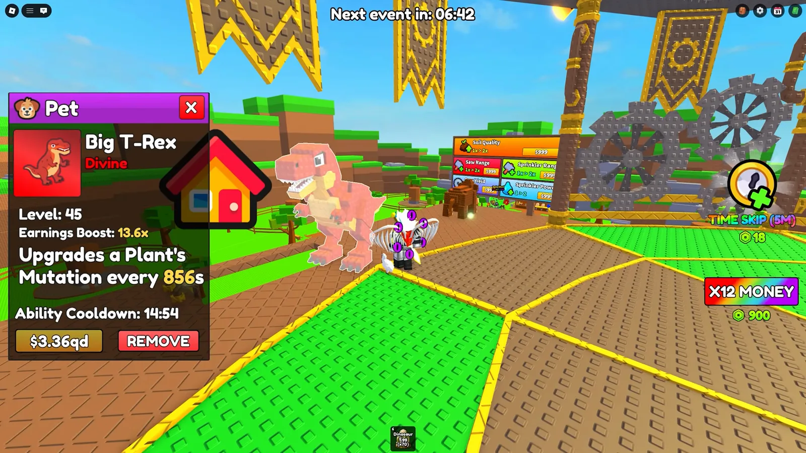 Big T-Rex pet panel in Build A Ring Farm reading Divine rarity, a 13.6x earnings boost at level 45, and a plant mutation upgrade every 856 seconds