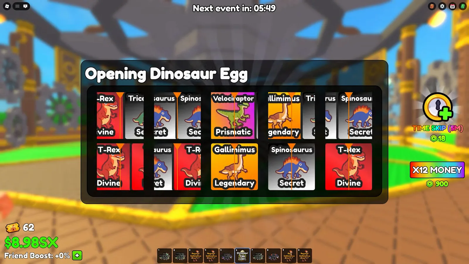 Three Divine T-Rex cards appearing in one ten-egg Opening Dinosaur Egg pull in Build A Ring Farm beside a Prismatic Velociraptor card