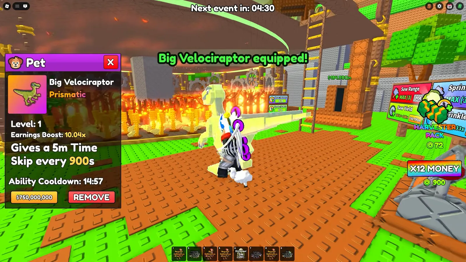 Level 1 Big Velociraptor with the Prismatic tag granting a free 5m Time Skip every 900 seconds in its Build A Ring Farm pet panel