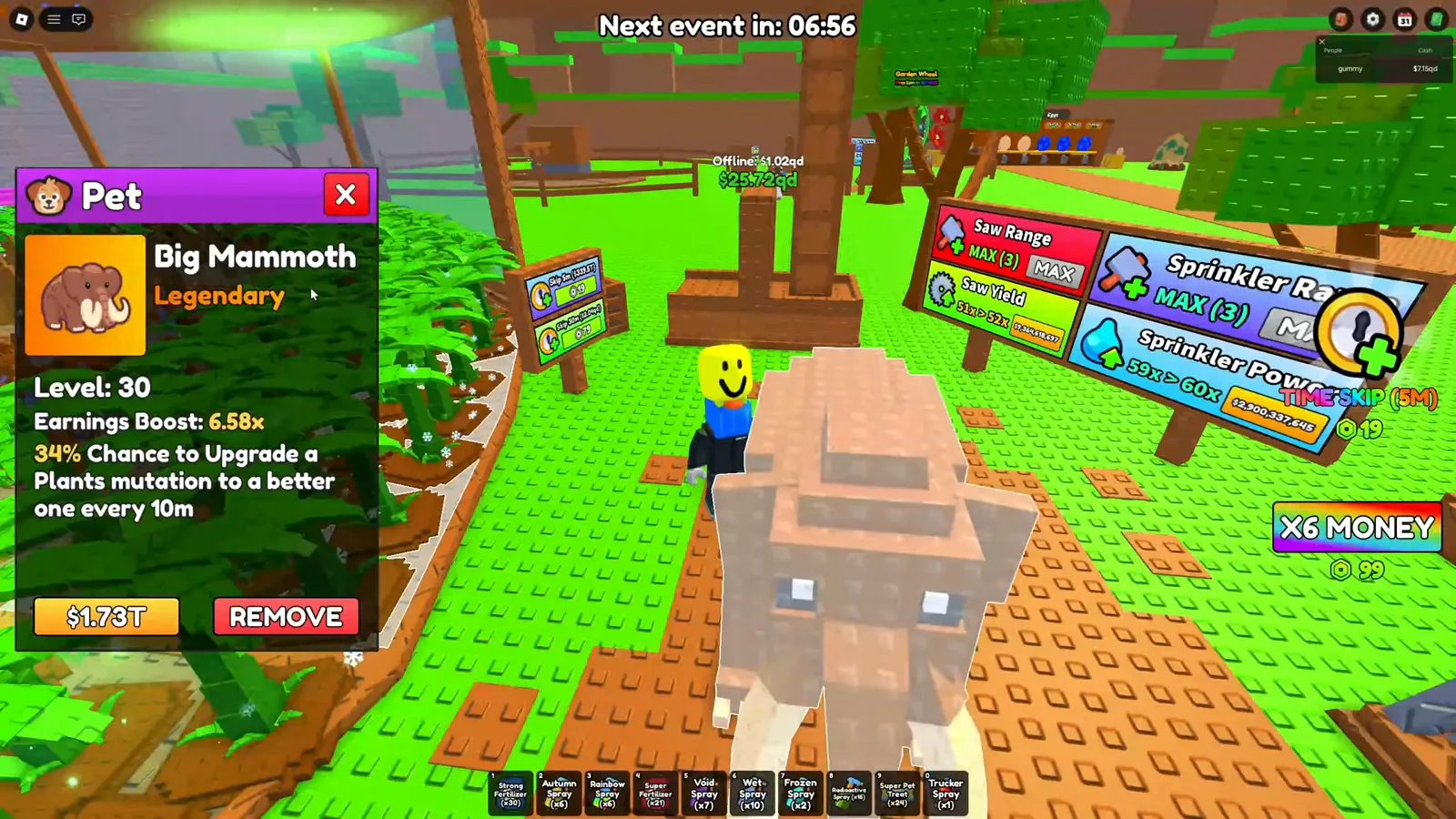 Big Mammoth panel reading Legendary, a 6.58x boost at level 30, and a plant mutation upgrade every 10m