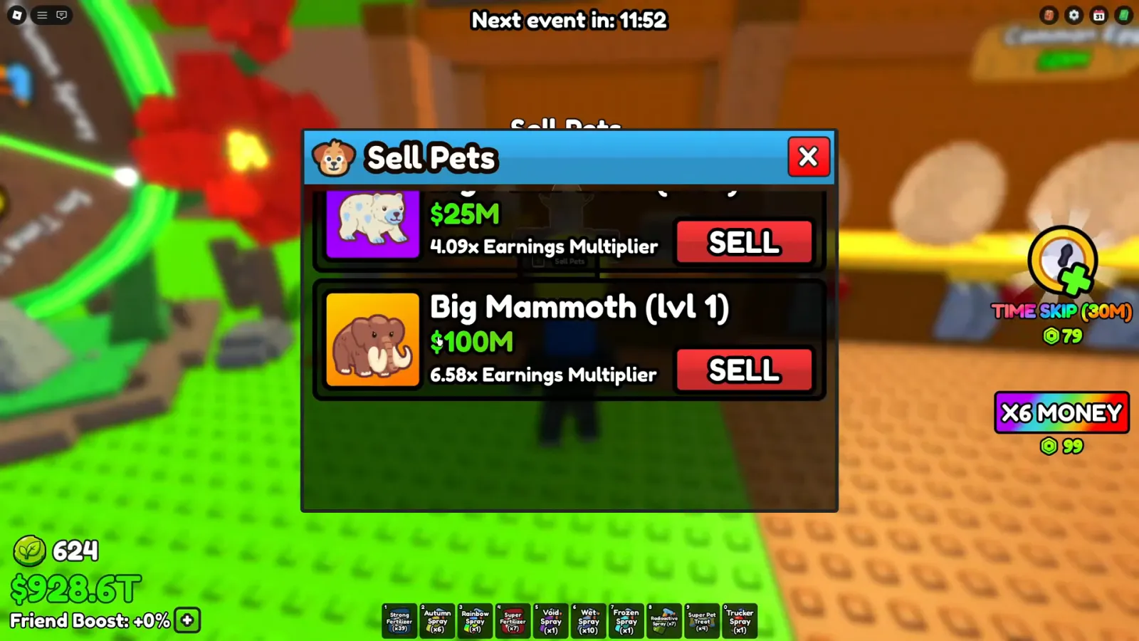 Build A Ring Farm Sell Pets panel showing a 4.09x polar bear card for $25M and a Big Mammoth at 6.58x for $100M