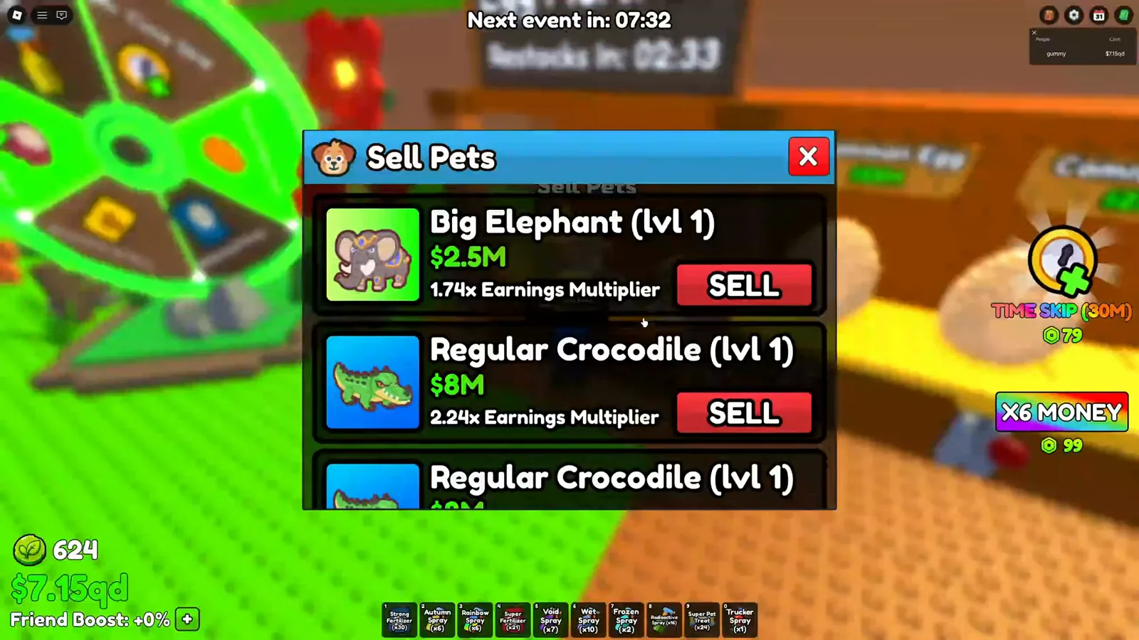 Sell values for a Big Elephant and two Regular Crocodiles after Build A Ring Farm egg pulls, 1.74x and 2.24x multipliers