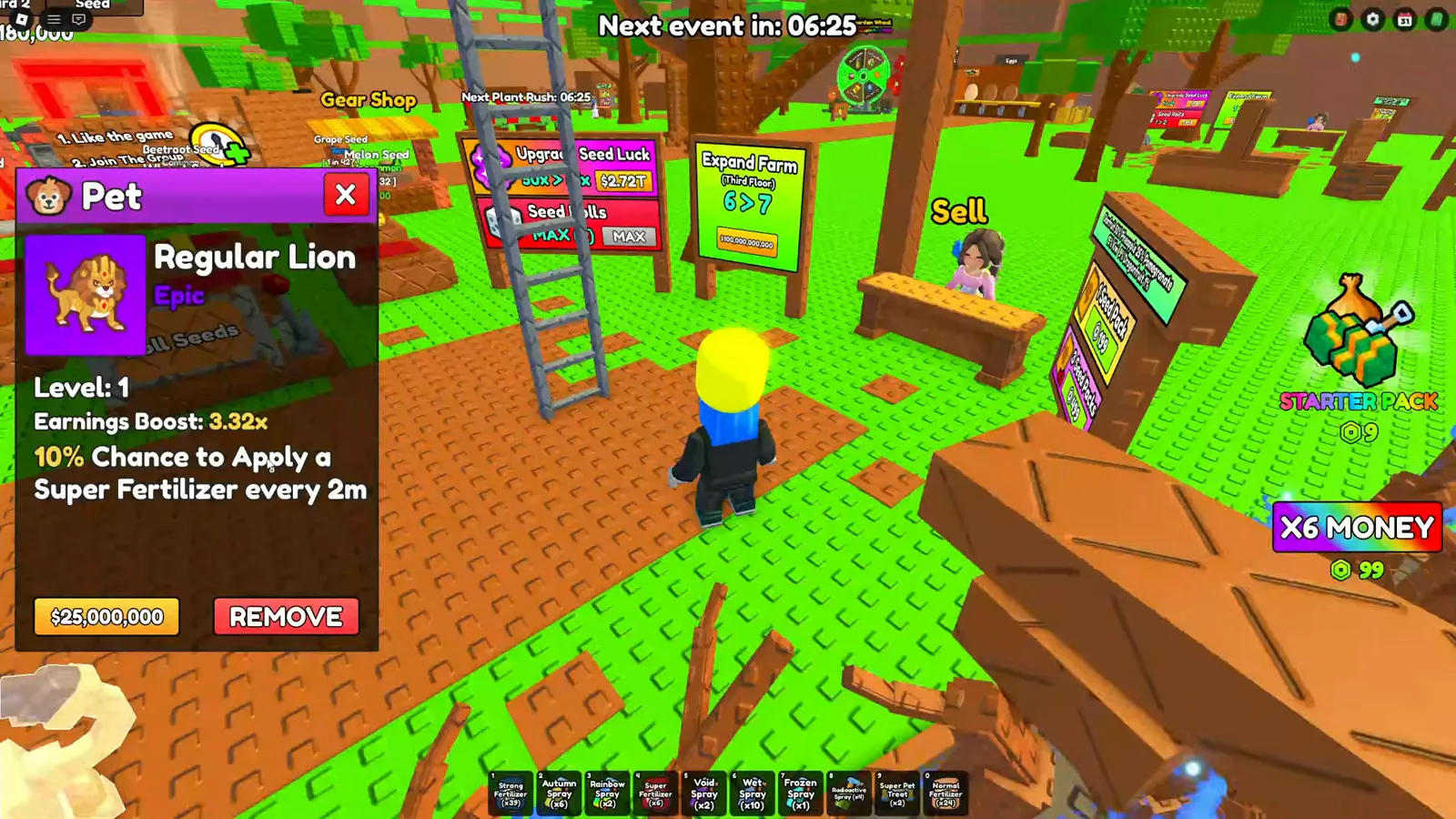 Regular Lion panel reading Epic, 3.32x earnings at level 1, and a 10 percent Super Fertilizer chance every 2m