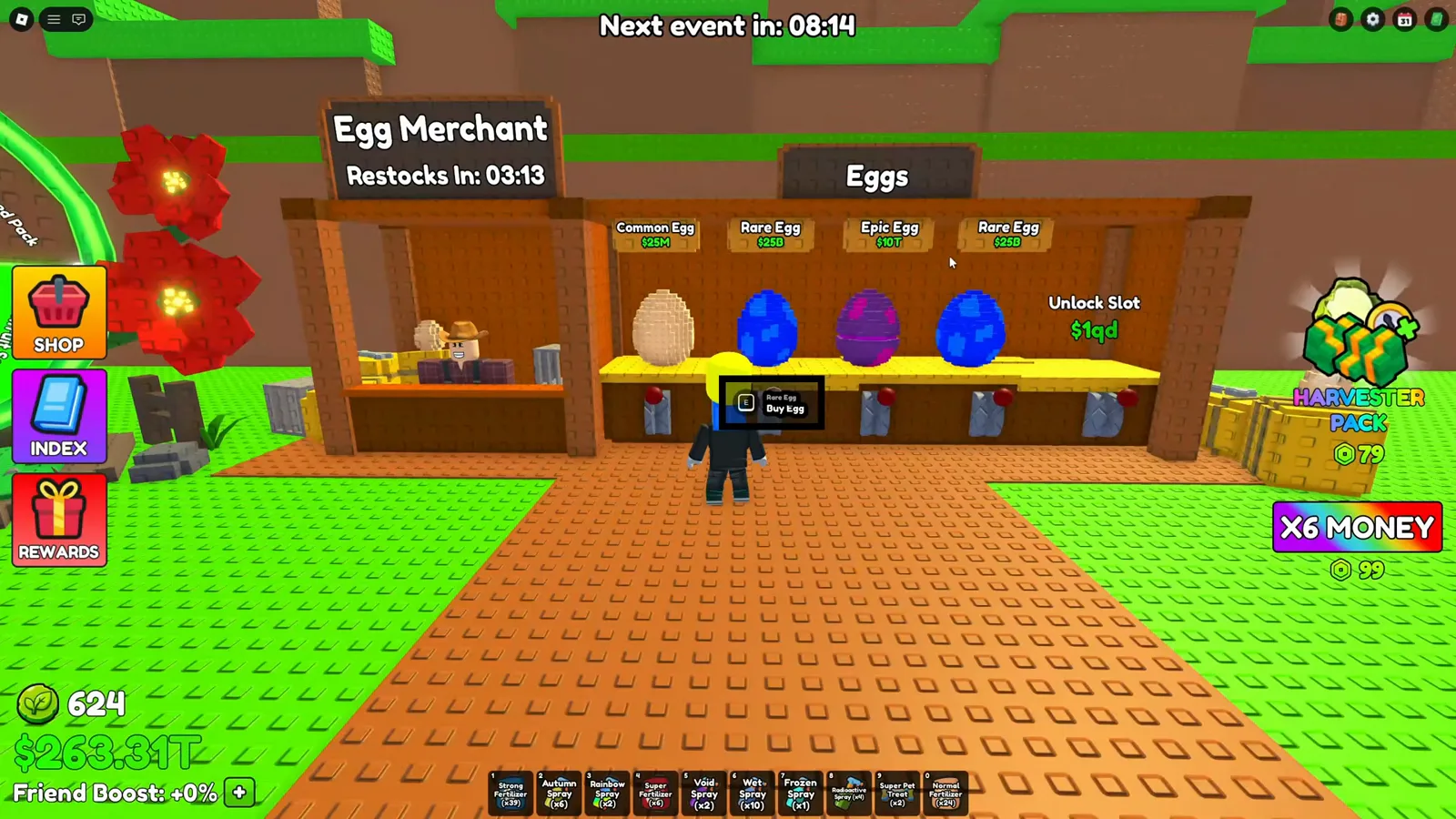 Epic Egg $10T price tag on the merchant counter between two Rare Egg $25B slots in one Build A Ring Farm rotation