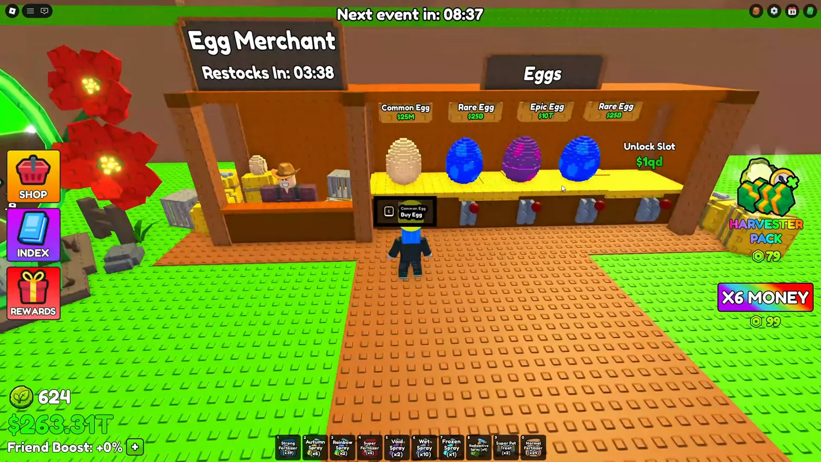 Build A Ring Farm Egg Merchant stall selling the Epic Egg for $10T beside Common and Rare Eggs and Unlock Slot $1qd