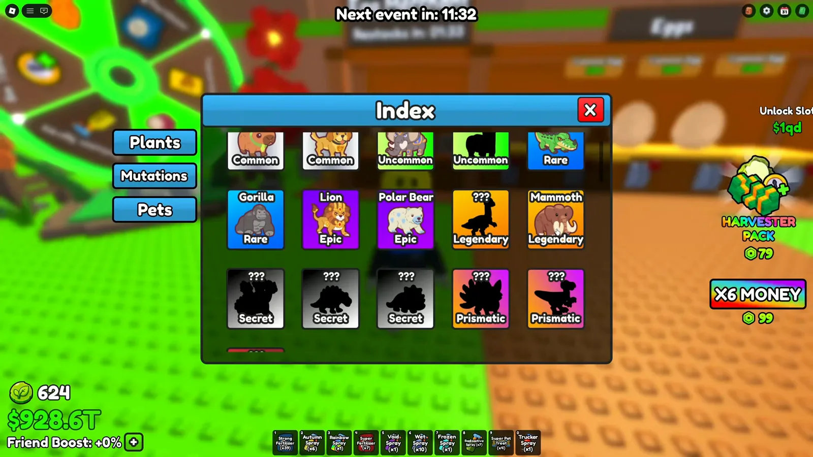 Build A Ring Farm pet Index with Lion, Polar Bear, and Mammoth shown Epic and Legendary beside Prismatic silhouettes