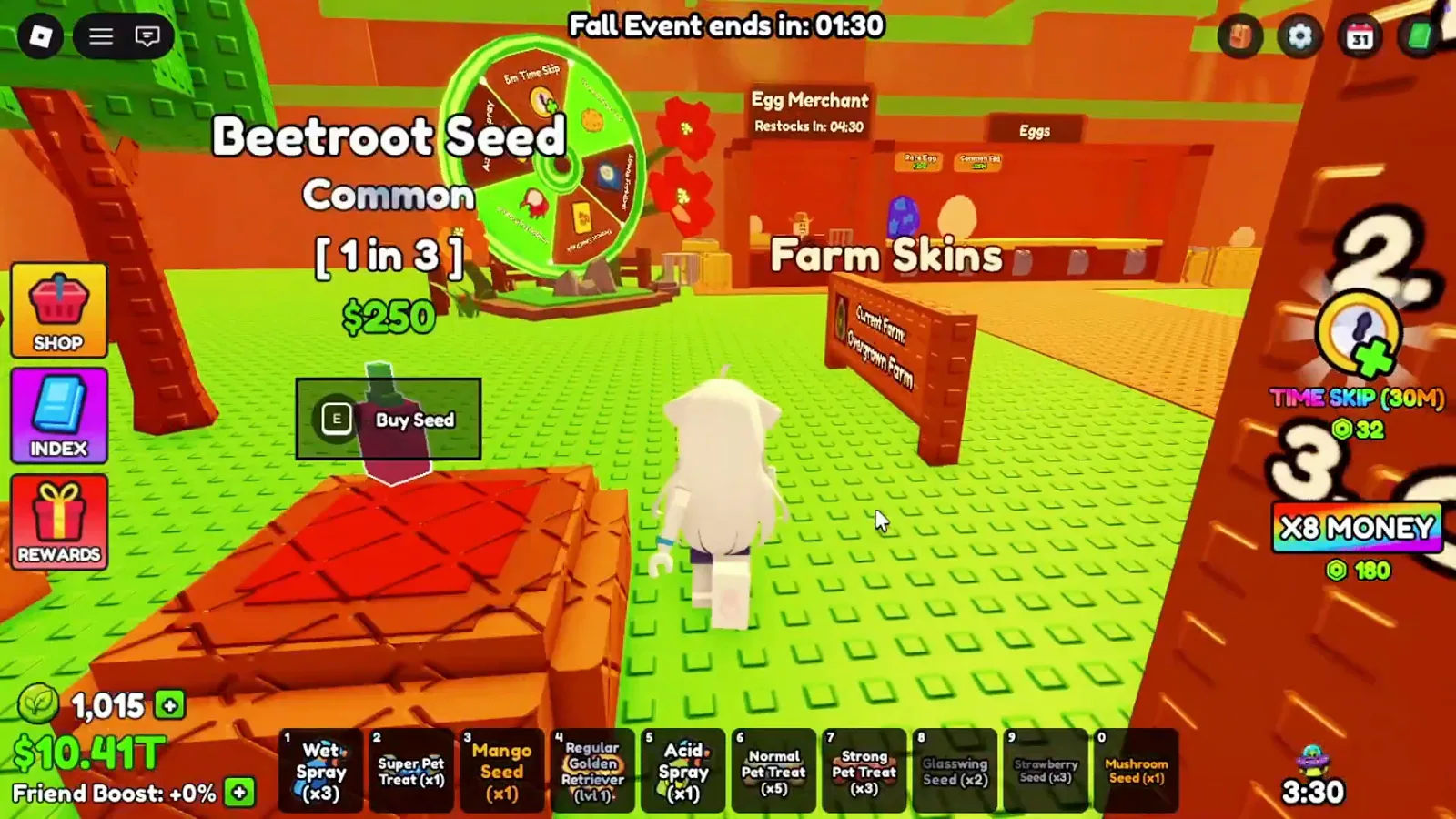 Farm Skins board in the Build A Ring Farm lobby showing the currently equipped Overgrown Farm before you open the menu