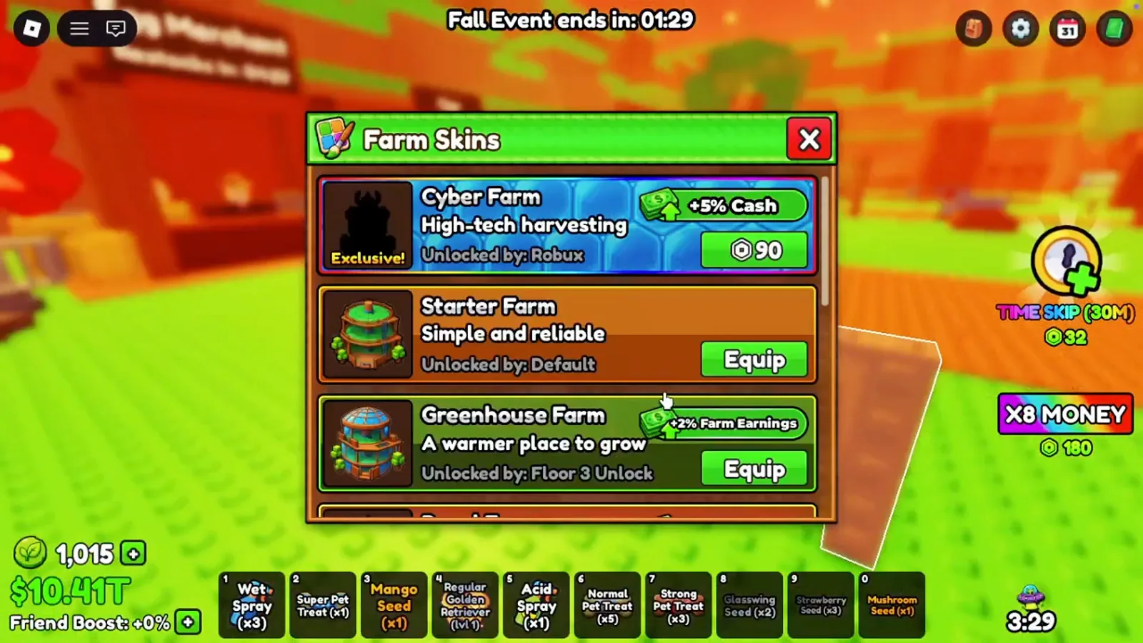 Build A Ring Farm skin menu top rows listing Cyber Farm at 5% Cash for 90 Robux beside Starter Farm and the 2% Greenhouse Farm