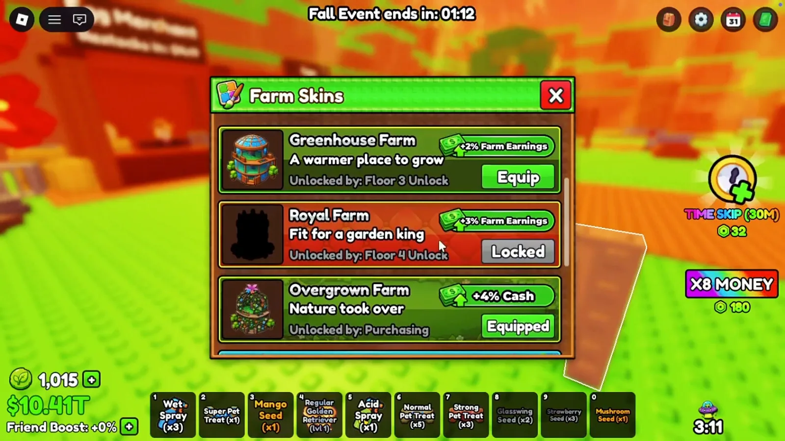 Greenhouse Farm 2% Royal Farm 3% and Overgrown Farm 4% bonus cards inside the Build A Ring Farm farm skins menu