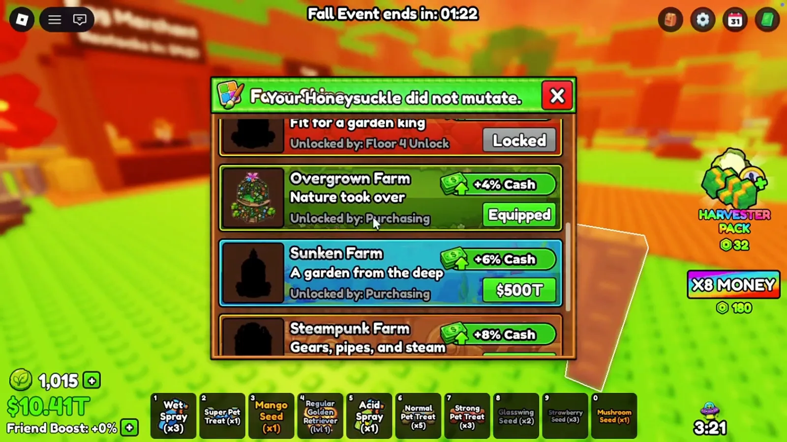 Build A Ring Farm skins menu lower rows showing Overgrown 4% Sunken 6% for 500T cash and Steampunk 8% cash bonuses