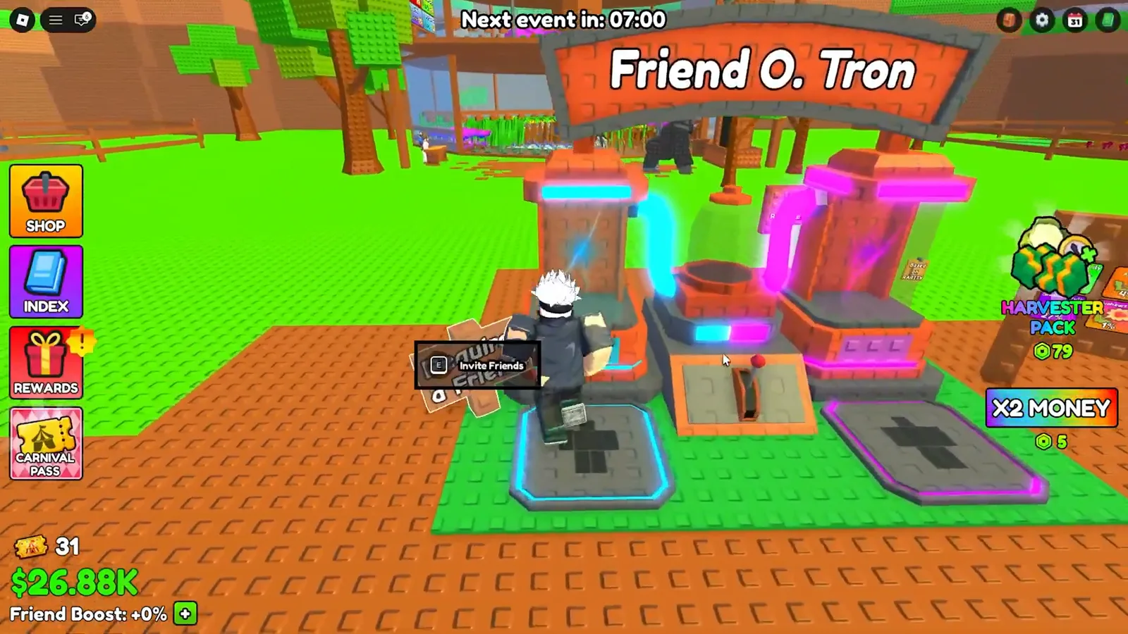 Invite Friends prompt glowing under a player on the Friend O. Tron pad with the red lever at the ready