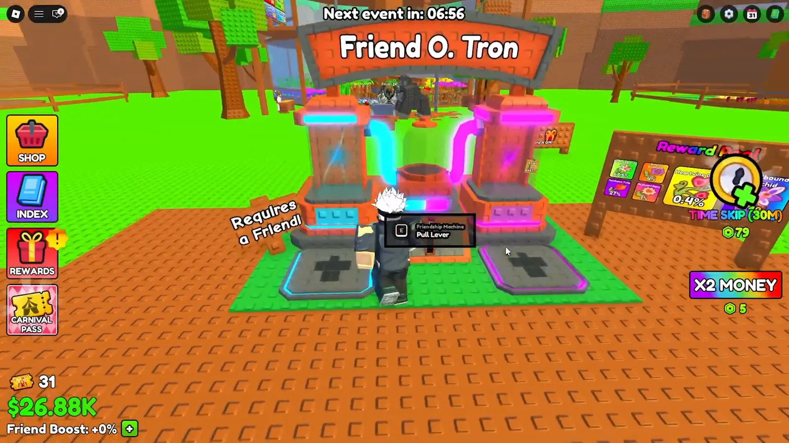 Two seed chambers and both pressure pads of the Friend O. Tron co-op machine seen head-on in Build A Ring Farm