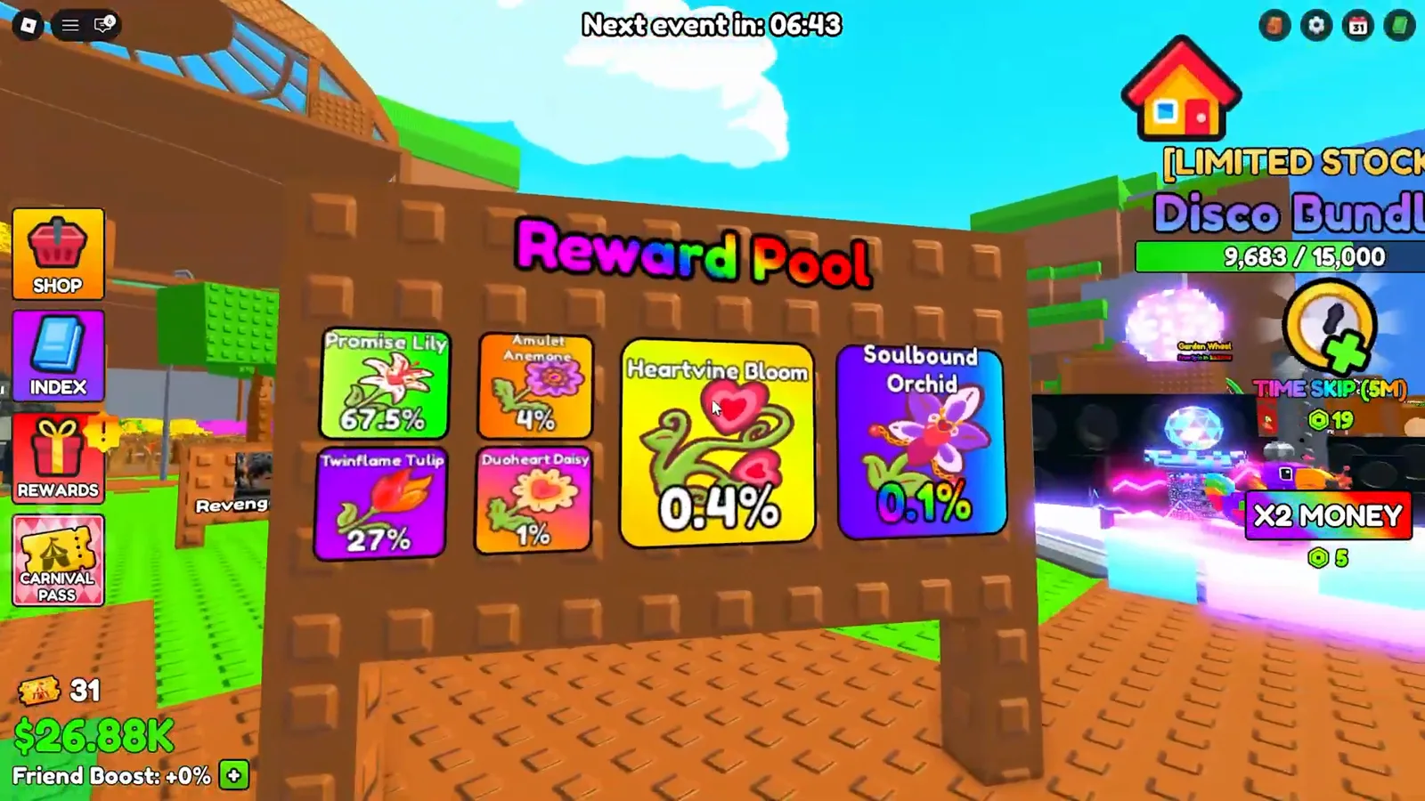 Reward Pool board of the Friend O. Tron listing Promise Lily at 67.5 percent down to Soulbound Orchid at 0.1 percent