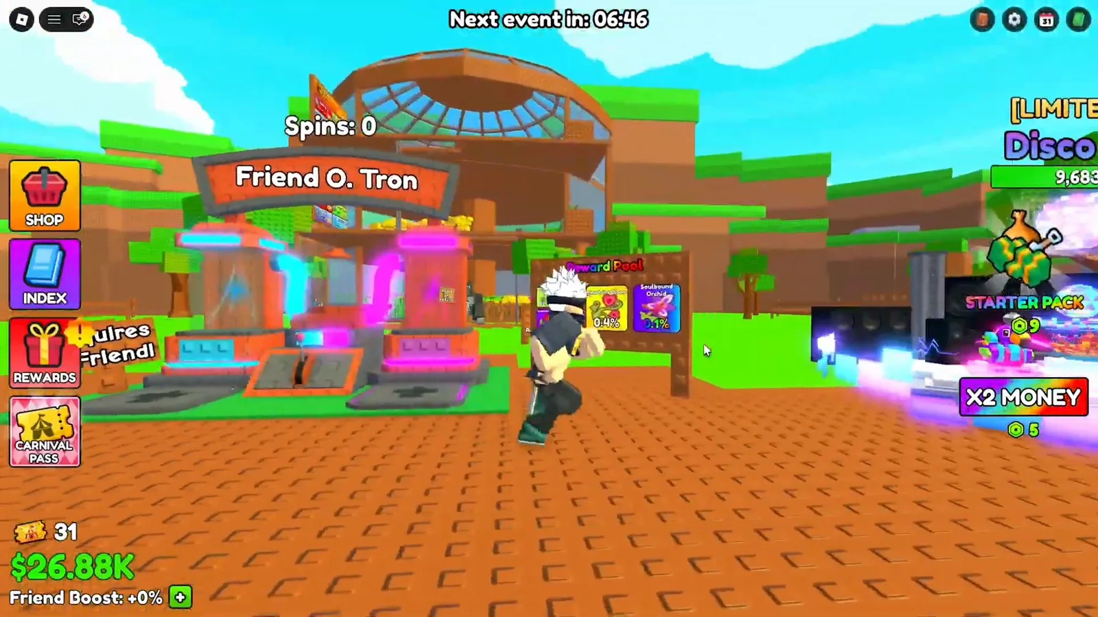 Spins: 0 counter above the Friend O. Tron machine tracking a player's stored spins in Build A Ring Farm