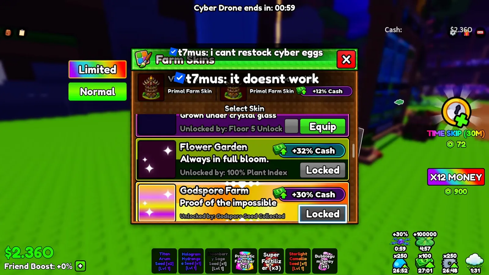 The Build A Ring Farm Farm Skins panel listing Godspore Farm with the description Proof of the impossible, the unlock condition Godspore Seed Collected and a +30% Cash boost marked Locked, directly below Flower Garden at +32% Cash
