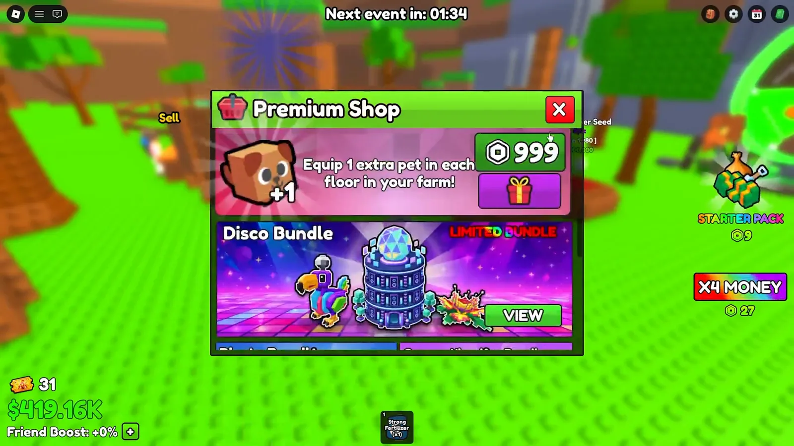 Plus One Pet Equip card reading Equip 1 extra pet in each floor in your farm at 999 Robux, sitting directly above a Disco Bundle wearing a red LIMITED BUNDLE badge