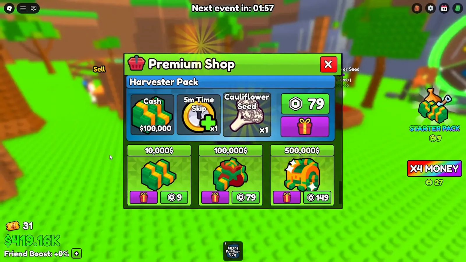 Build A Ring Farm Premium Shop Harvester Pack at 79 Robux plus three cash pack rows priced 9, 79 and 149 Robux, each with its own purple gift button beside the price
