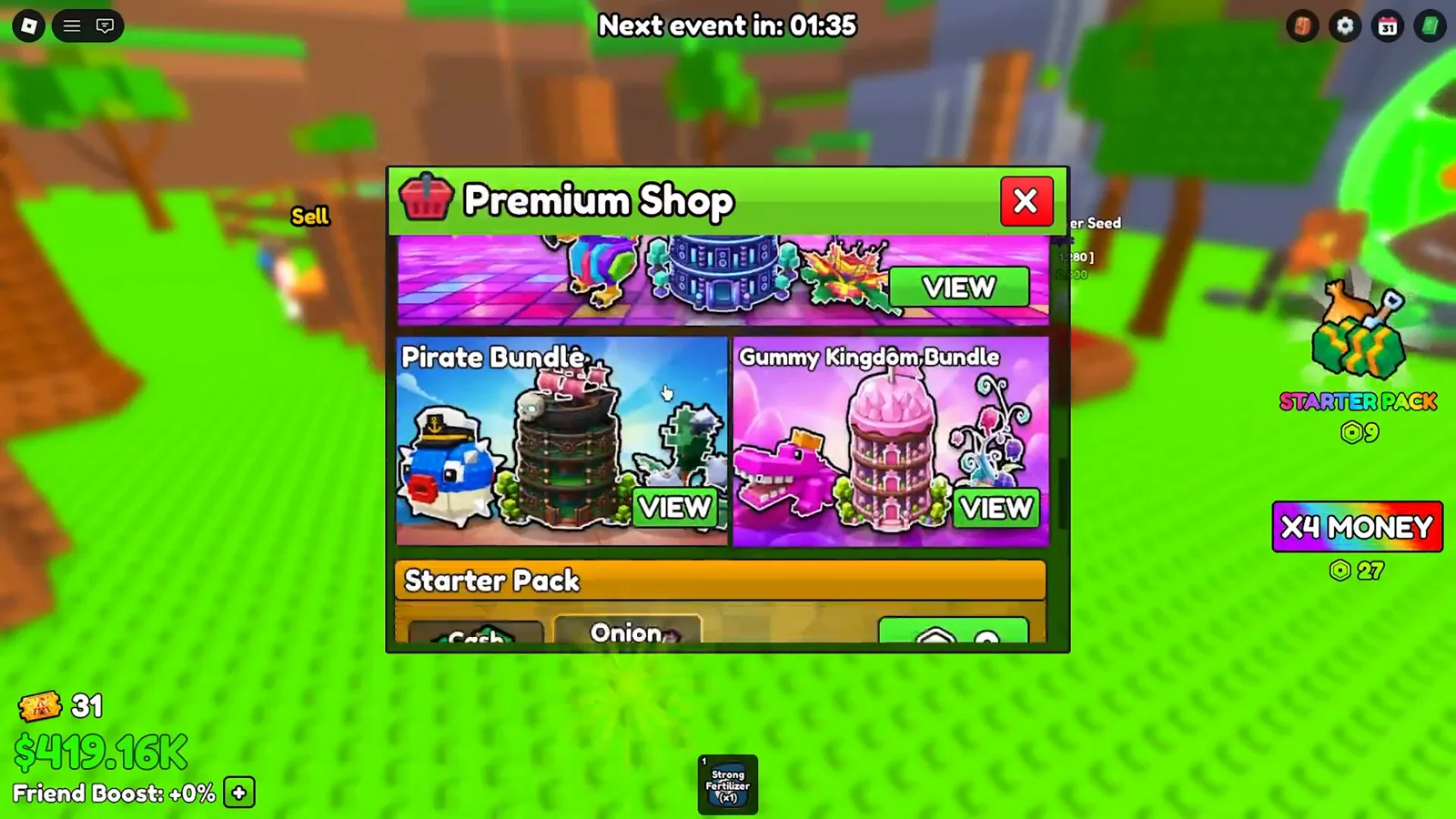 Premium Shop scrolled to the Pirate Bundle and Gummy Kingdom Bundle rows with VIEW buttons and a Starter Pack header at 9 Robux, with no Kitsune Pack anywhere in the June 2026 lineup