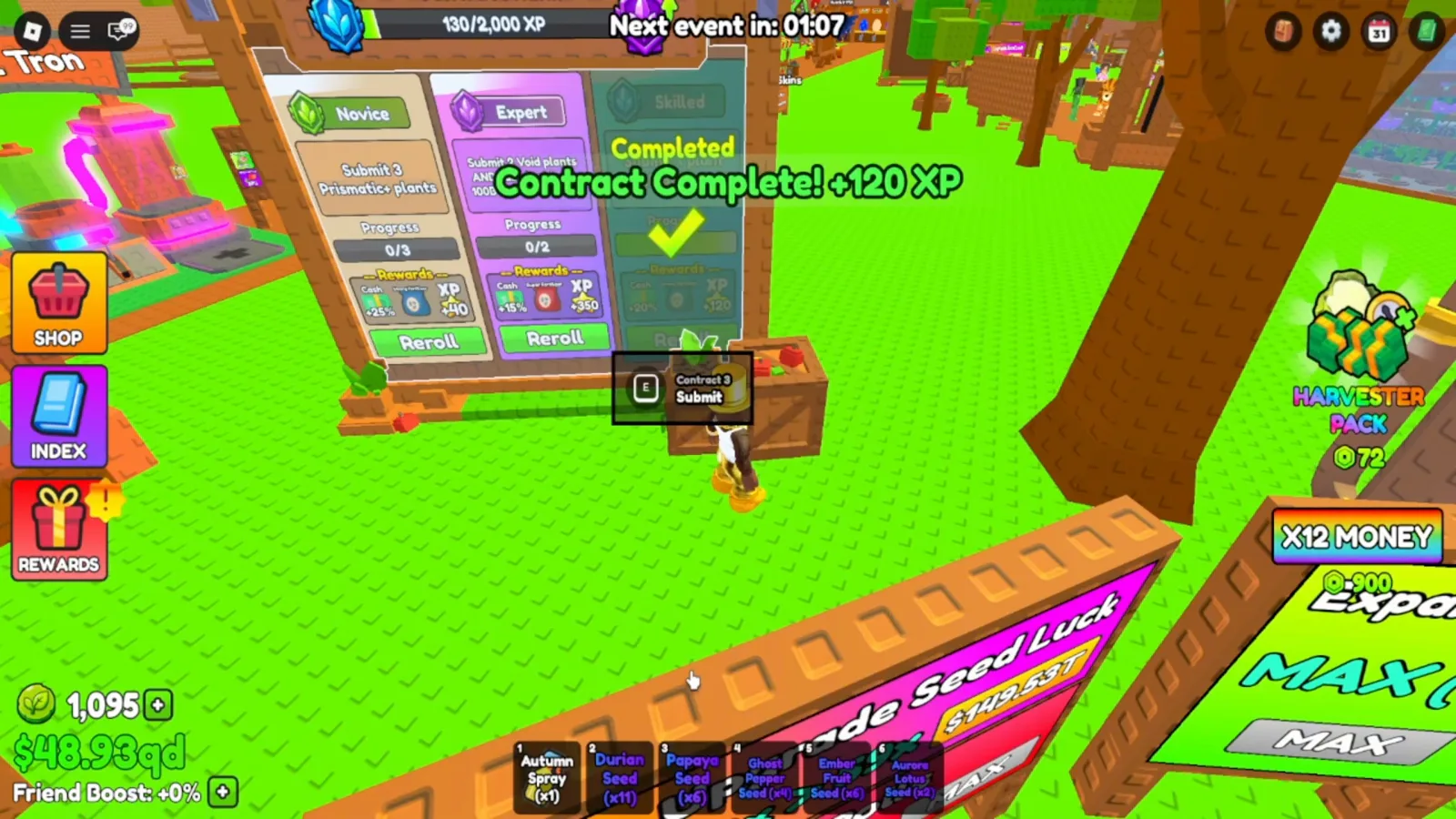Finished Plant Contract card in Build A Ring Farm flagged Completed with a green check and a floating Contract Complete +120 XP message Finished Plant Contract card in Build A Ring Farm flagged Completed with a green check and a floating Contract Complete +120 XP message