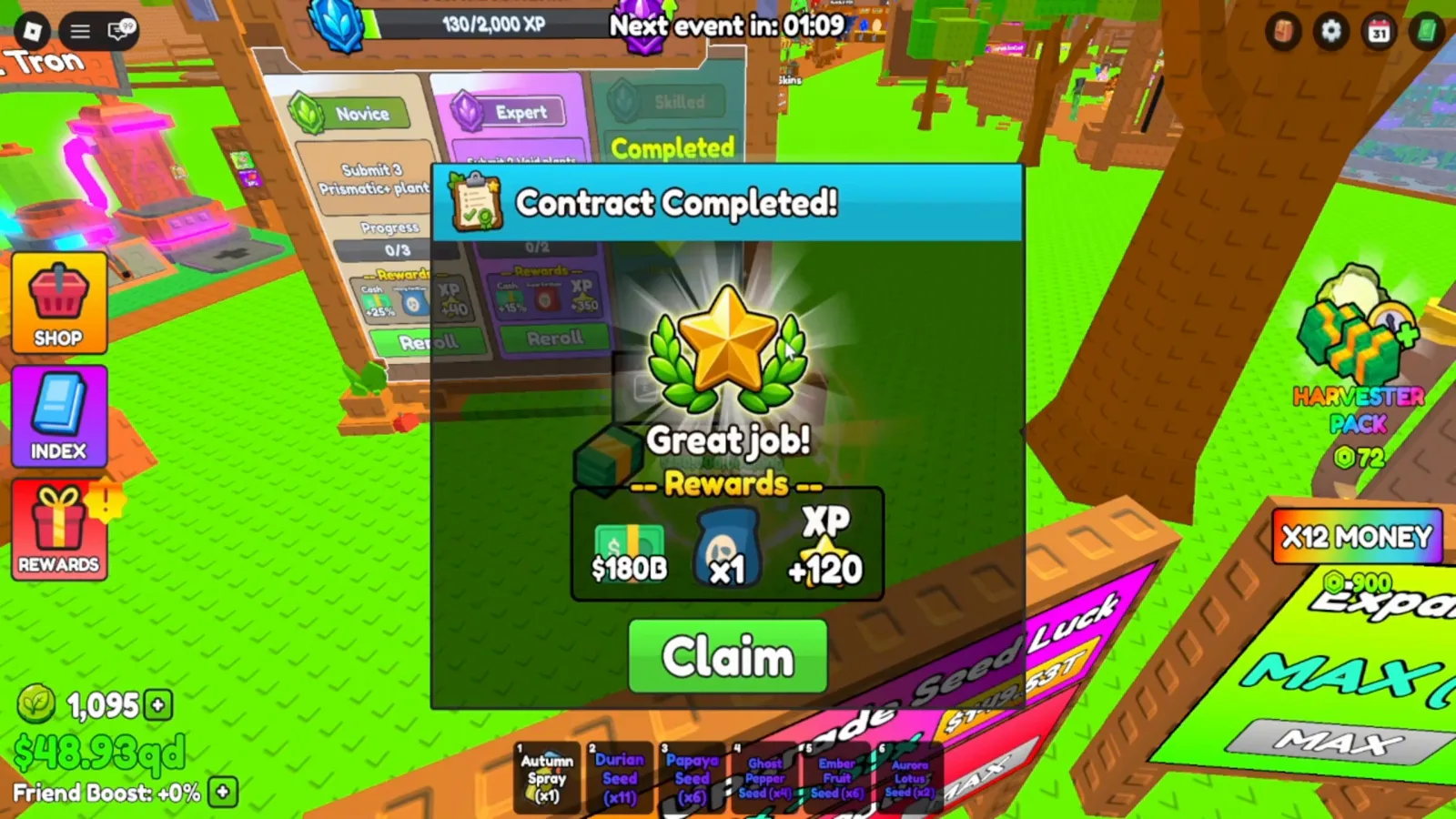 Contract Completed popup in Build A Ring Farm paying 180B cash and XP +120 through a manual Claim button Contract Completed popup in Build A Ring Farm paying 180B cash and XP +120 through a manual Claim button