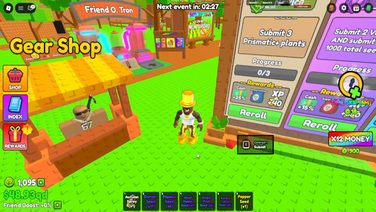 A Build A Ring Farm Novice Plant Contract asking for 3 Prismatic plus plants with a Cash +25% Strong Fertilizer and XP +40 reward A Build A Ring Farm Novice Plant Contract asking for 3 Prismatic plus plants with a Cash +25% Strong Fertilizer and XP +40 reward