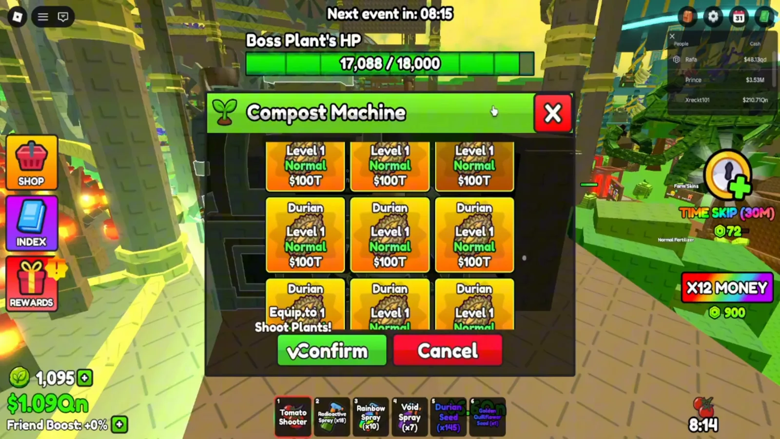 Compost Machine loadout screen filled with nine Level 1 Normal plants worth $100T each, six of them Durian, ready to confirm under a Boss Plant HP bar of 17,088 of 18,000