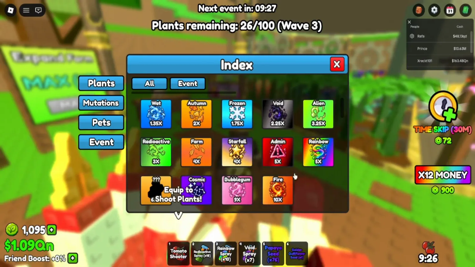 The Index mutations board in Build A Ring Farm listing Radioactive at 3X between Alien 3.25X and Farm 4X, running from Wet 1.35X up to Fire 10X with one locked ??? tile at 6.5X