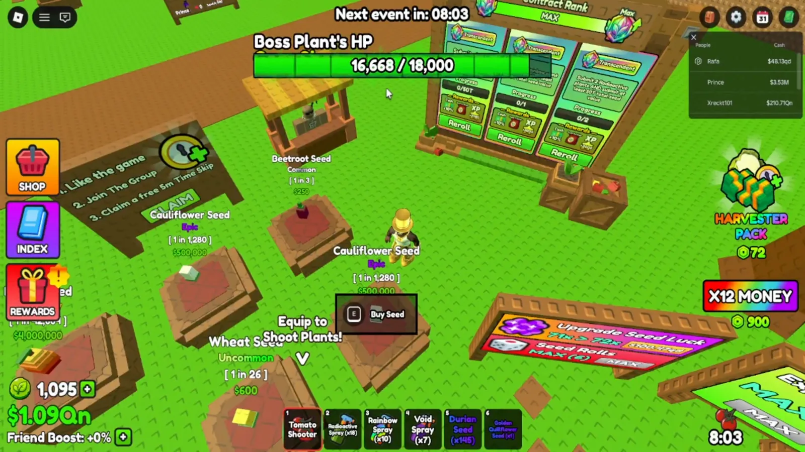 Transcendent contract card on the Contract Rank board asking for 2 Radioactive plants plus 50T total seed value, progress 0/2, with Cash +10%, Super Fertilizer and XP +3000 printed as the reward