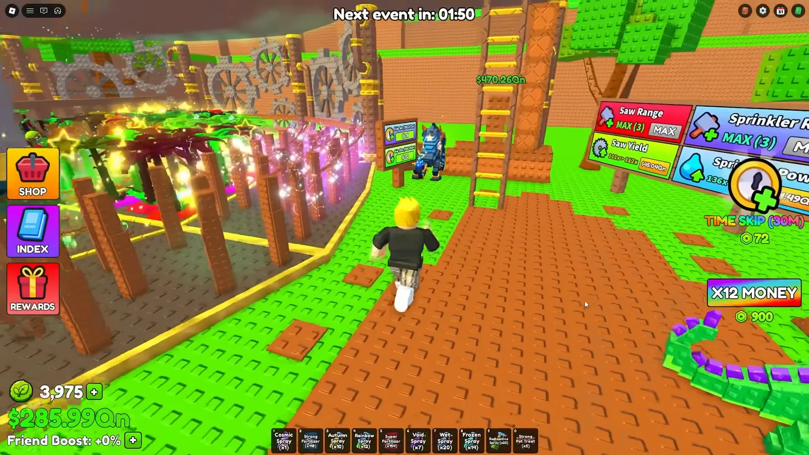 Build A Ring Farm hotbar holding Rainbow Spray x12 in slot four beside Cosmic, Autumn, Void, Wet, Frozen, and Radioactive sprays on a full farm