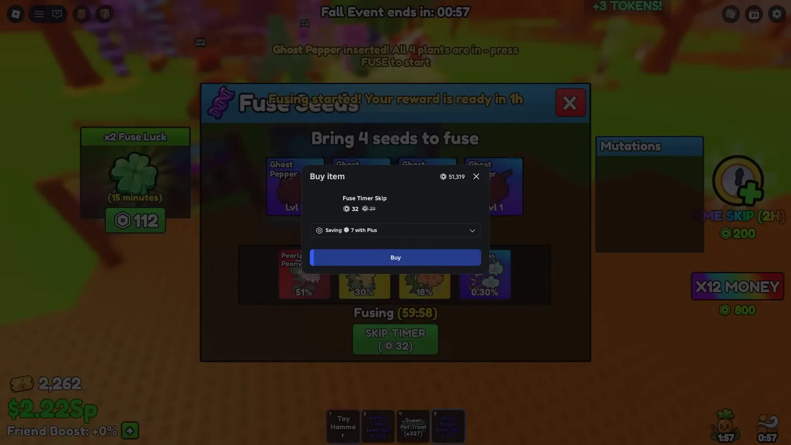 Build A Ring Farm Fuse Seeds panel with four Ghost Pepper slots, fusion odds of 51, 30, 18 and 0.30 percent, and the Fuse Timer Skip buy popup priced at 32 Robux