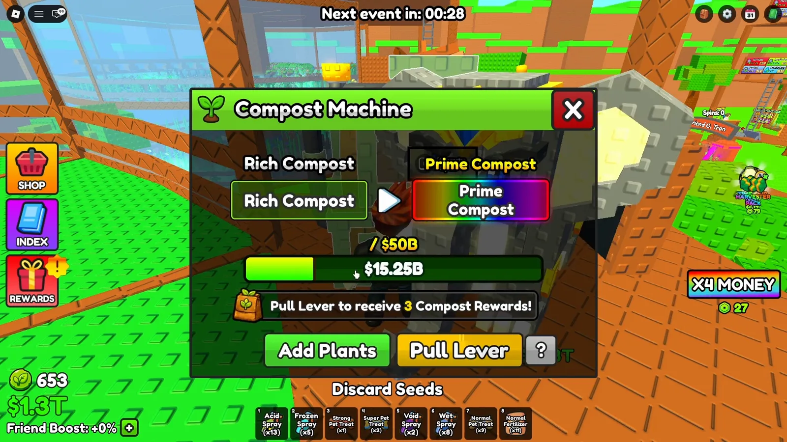 Build A Ring Farm Compost Machine panel showing the Rich Compost to Prime Compost tier with a 50 billion cash goal and Add Plants and Pull Lever buttons