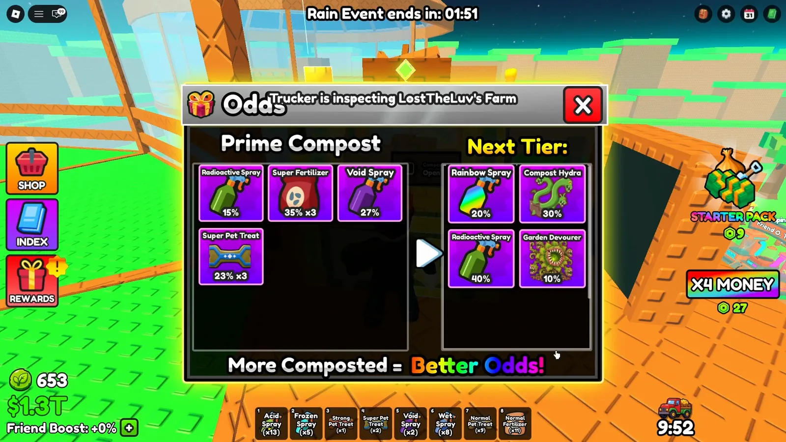 Composter odds panel in Build A Ring Farm listing Garden Devourer at 10 percent in the next-tier column beside Compost Hydra at 30 percent
