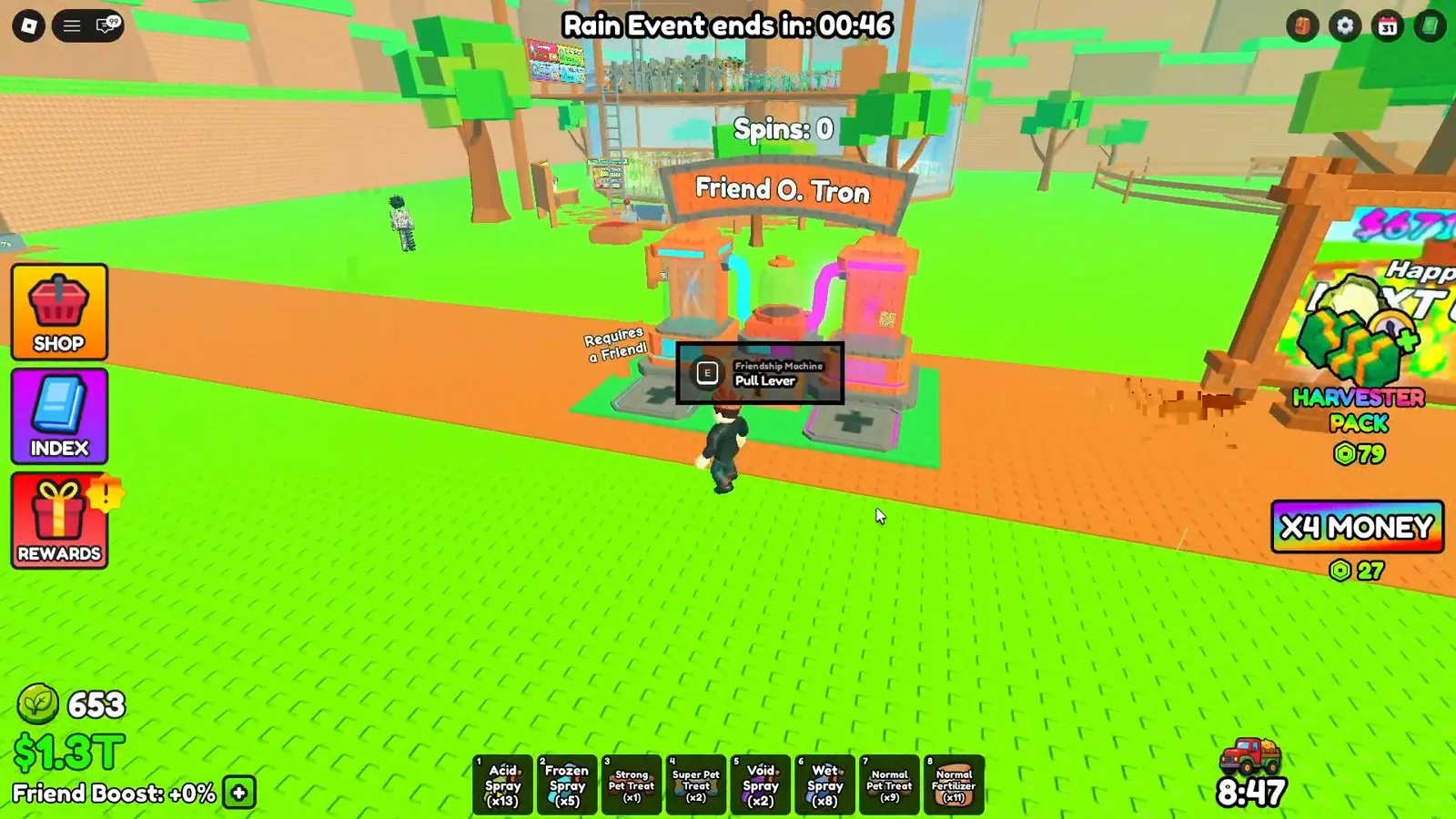 The Friend O' Tron machine in Build A Ring Farm with its Friendship Machine pull lever prompt, Requires a Friend tag, and Spins 0 counter