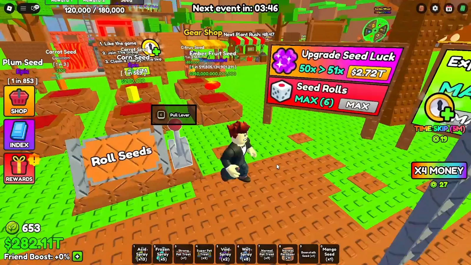 Upgrade Seed Luck sign priced at 2.72T cash beside the maxed Seed Rolls (6) sign and the Roll Seeds lever in Build A Ring Farm