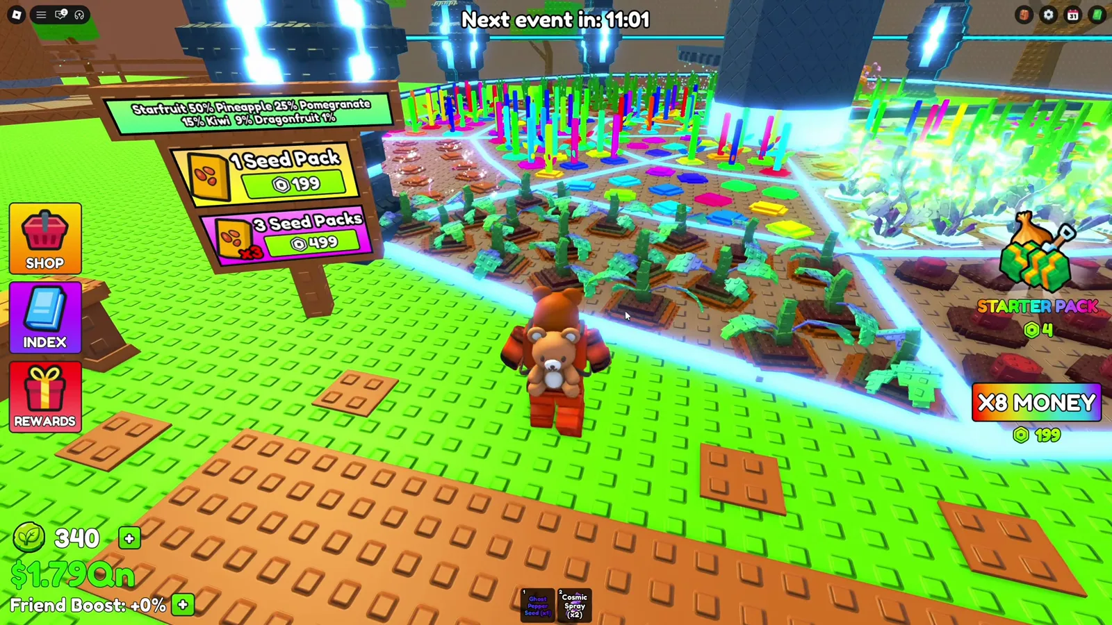 Build A Ring Farm seed-pack stand showing five seed probabilities and one-pack and three-pack Robux purchase buttons.